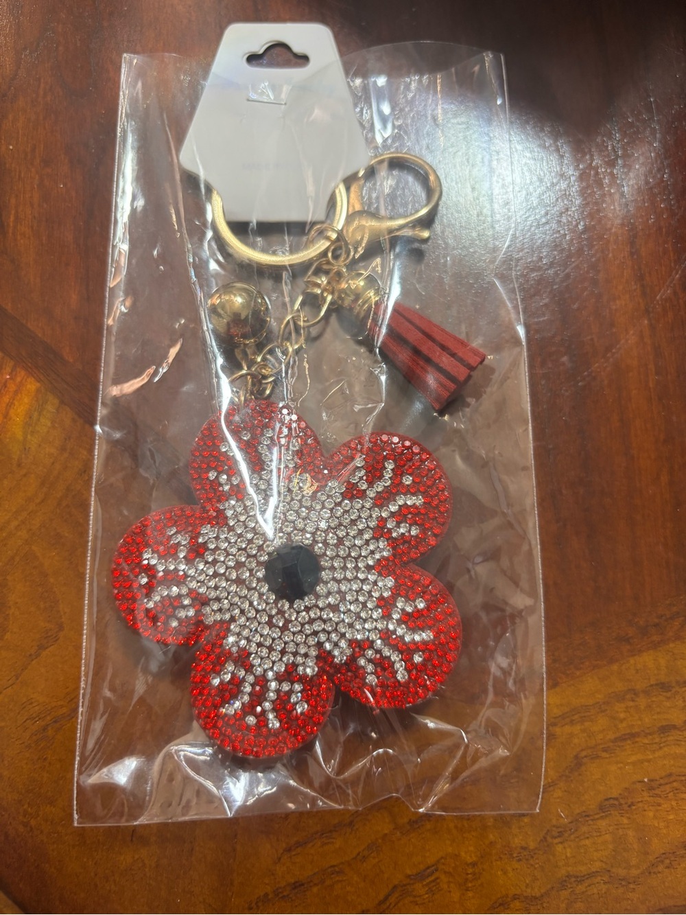 Red Crystal Flower Keychain Charm with Tassel